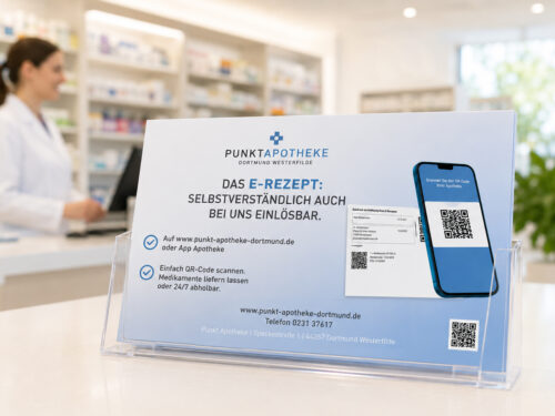 Printdesign und Informationsgestaltung für eine Apotheke – Aufsteller zum E-Rezept im Corporate Design